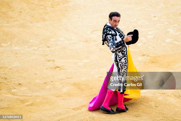 Bullfighter Enrique Ponce salutes before his bullfight at Monumental de Frascuelo bullring on September 26, 2020 in Granada, Spain. After the...