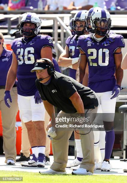 Head coach Gary Patterson of the TCU Horned Frogs watches the game against the Iowa State Cyclones from the sidelines at Amon G. Carter Stadium on...