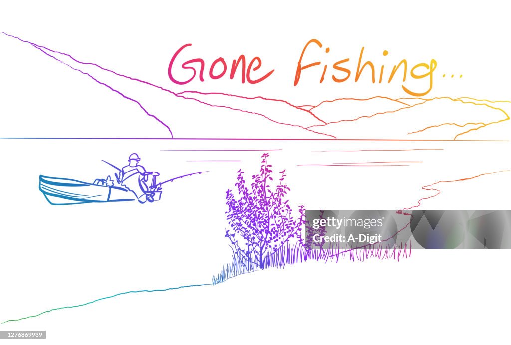 Gone Fishing Sketch Illustration Rainbow