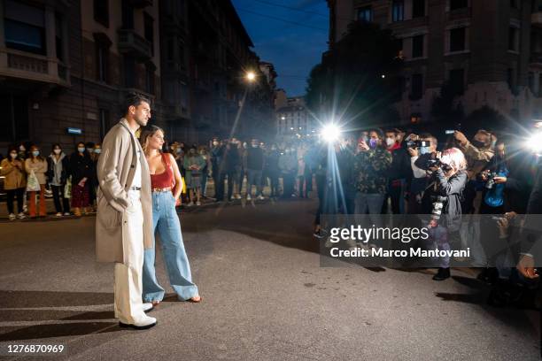 Marco Fantini and Beatrice Valli are seen outside of Salvatore Ferragamo's fashion show during the Milan Women's Fashion Week on September 26, 2020...