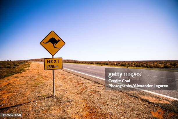 kangaroo warning sign along a highway in the australian outback - deserto australiano - fotografias e filmes do acervo