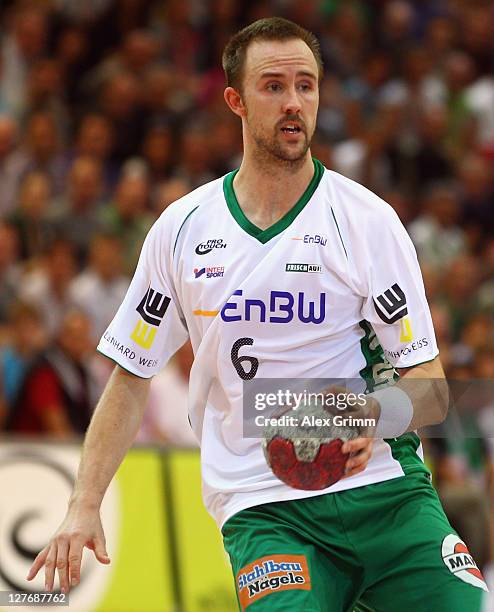 Michael Thiede of Goeppingen controles the ball during the Toyota Handball Bundesliga match between Frisch Auf Goeppingen and Fuechse Berlin at EWS...