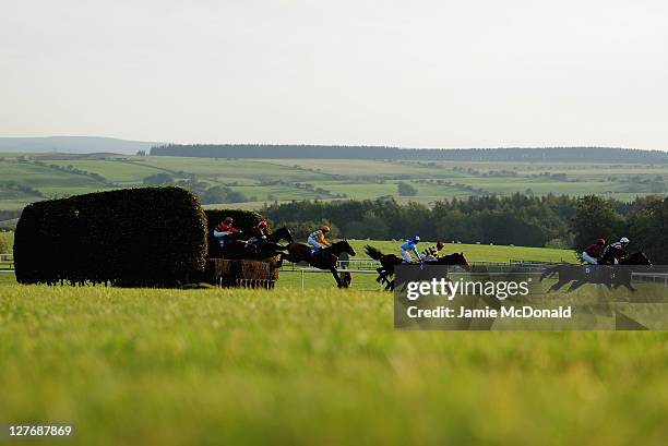 Horses and jockeys jump the ditch during the Kintail Scottish Holiday Cottage Handicap Steeple Chase at Hexham racecourse on September 30, 2011 in...