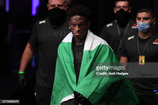 Hakeem Dawodu of Canada prepares to face Zubaira Tukhugov of Russia in their featherweight bout during UFC 253 inside Flash Forum on UFC Fight Island...