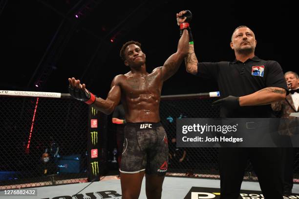 Hakeem Dawodu of Canada reacts after defeating Zubaira Tukhugov of Russia in their featherweight bout during UFC 253 inside Flash Forum on UFC Fight...