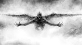 Illustration of scary flying vampire with wings.
