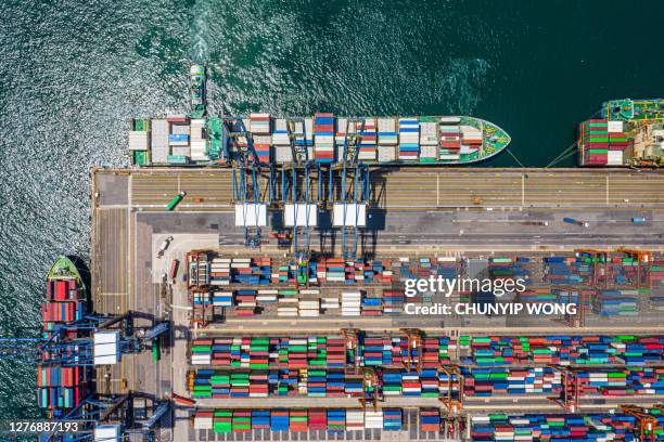 kwai tsing container terminals from drone view - trade war stock pictures, royalty-free photos & images