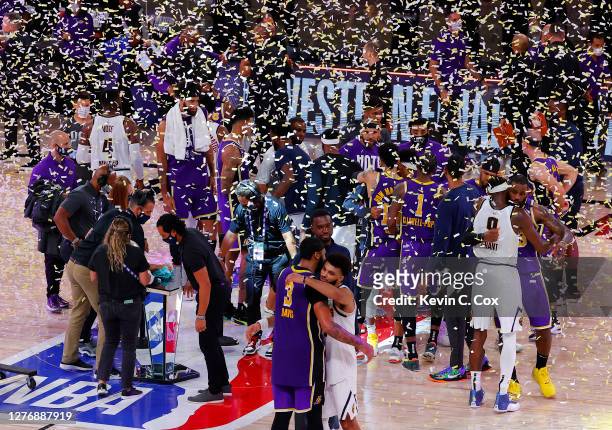 The Los Angeles Lakers celebrate their win over Denver Nuggets in Game Five of the Western Conference Finals during the 2020 NBA Playoffs at...