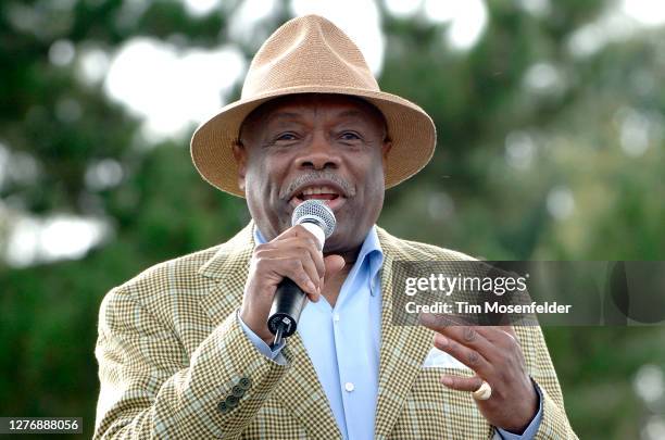Former San Francisco Mayor Willie Brown introduces James Brown at "Fogg Fest" at Fort Mason on August 20, 2006 in San Francisco, California.
