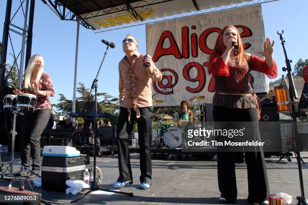 Cindy Wilson, Fred Schneider, and Kate Pierson of the B-52's perform at 97.3 Alice's Now & Zen event at Sharon Meadow in Golden Gate Park on...
