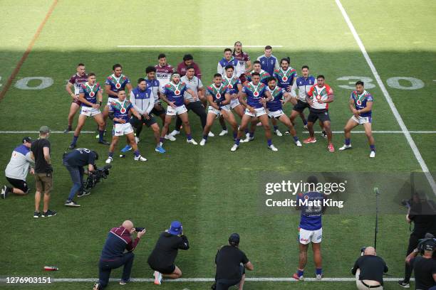 Warriors players perform the Haka for retiring Warriors player Adam Blair after the round 20 NRL match between the New Zealand Warriors and the Manly...