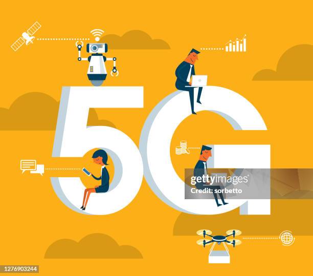 5g network - cloud computing - delivery robots stock illustrations