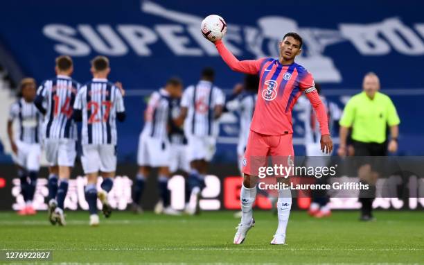 Thiago Silva of Chelsea shows his frustration after making an error that led to West Bromich Albion scoring the second goal during the Premier League...