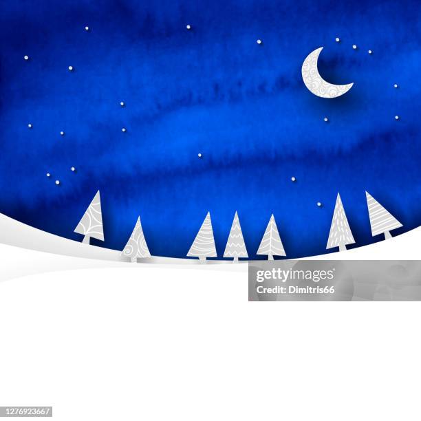 watercolor and papercut winter scene with night sky, moon and fir trees - silver moon pictures stock illustrations