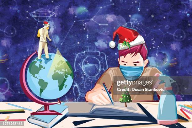 one boy studying and respecting the physical distance measures - 12 13 years stock illustrations