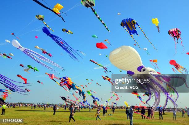 People fly kites at the opening ceremony of the 37th Weifang International Kite Festival on September 26, 2020 in Weifang, Shandong Province of China.