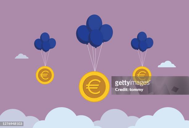 illustrations, cliparts, dessins animés et icônes de la pièce d’euro flottent dans le ciel par un ballon - prime d'encouragement