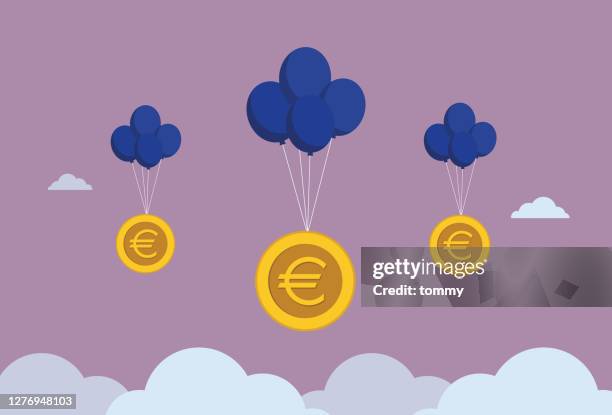 euro coin float in the sky by a balloon - european-union-euro-note stock illustrations