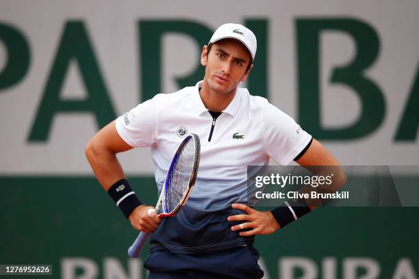 Elliot Benchetrit of France reacts during his Men's Singles first round match against John Isner of the United States during day one of the 2020...