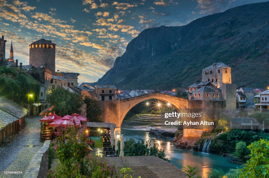 The Mostar Bridge (Stari Most) at night in Mostar in Bosnia and Herzegovina