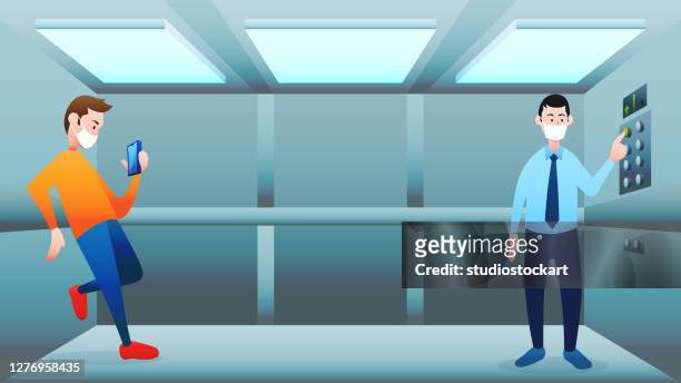 ilustraciones, imágenes clip art, dibujos animados e iconos de stock de personas mientras están de pie en el ascensor con máscara facial - terminal illness