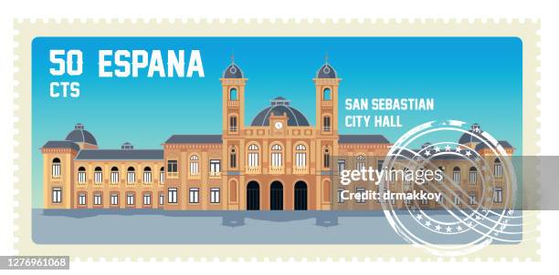 ilustrações de stock, clip art, desenhos animados e ícones de spain stamp, san sebastian city hall - spain san sebastian