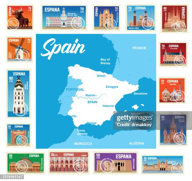 spain stamps and map - madrid stock illustrations