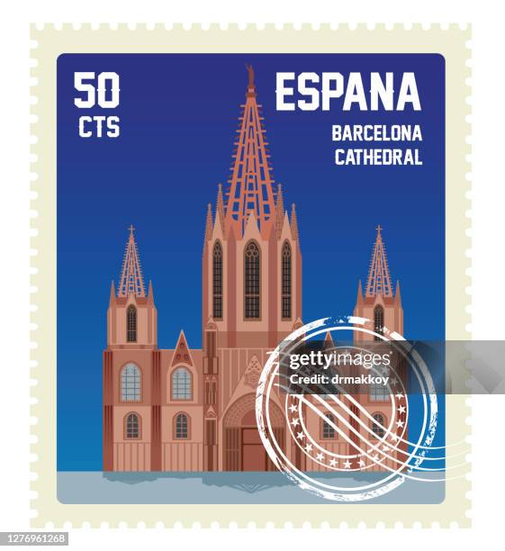 spain stamp, barcelona cathedral - gothic quarter stock illustrations