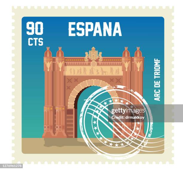ilustraciones, imágenes clip art, dibujos animados e iconos de stock de sello de españa, arco de triunfo en barcelona - barcelona