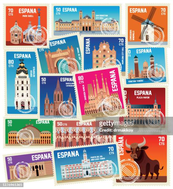 spanien briefmarken, symbole - barcelona stock-grafiken, -clipart, -cartoons und -symbole