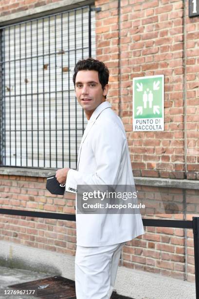 Mika is seen arriving at the Valentino fashion show during the Milan Women's Fashion Week on September 27, 2020 in Milan, Italy.