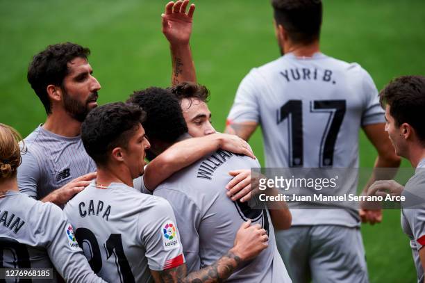 Unai Lopez of Athletic Bilbao celebrates after scoring his sides first goal during the La Liga Santander match between SD Eibar and Athletic Club at...