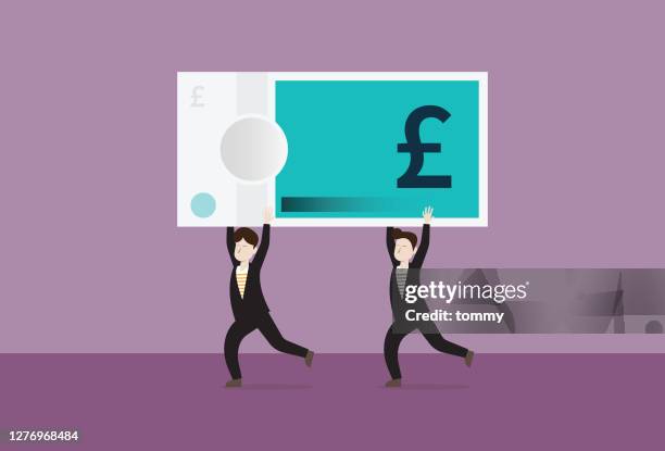 business people run with uk pound banknotes - stimulus check stock illustrations