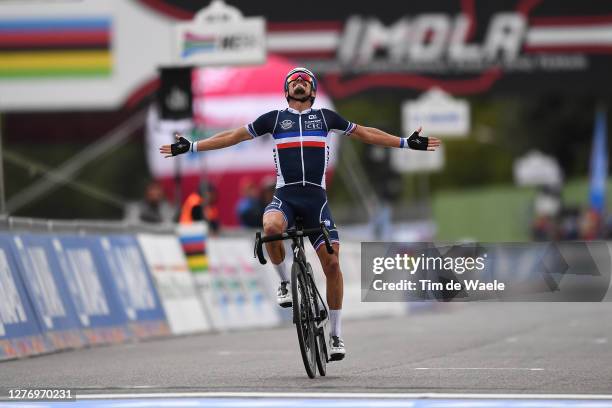 Arrival / Julian Alaphilippe of France / Celebration / during the 93rd UCI Road World Championships 2020, Men Elite Road Race a 258,2km race from...