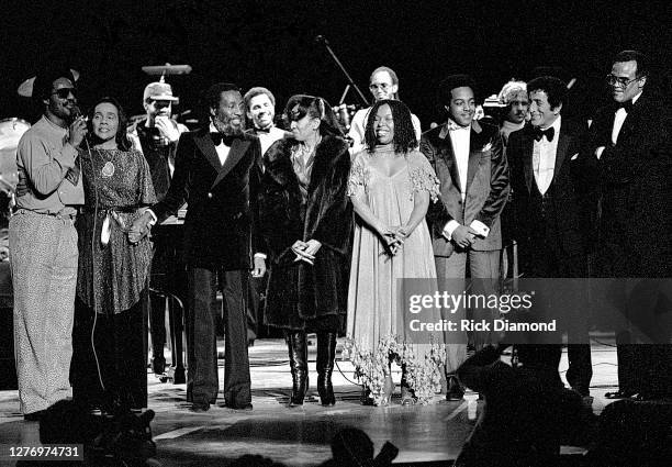 Stevie Wonder, Coretta Scott King, Dick Gregory, Guest, Roberta Flack, Peabo Bryson, Tony Bennett and Harry Belafonte during M.L.K Gala at The...