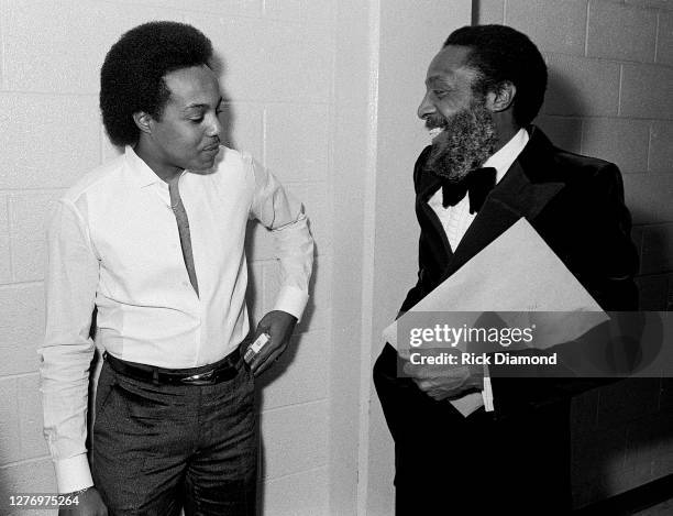 Peabo Bryson and Dick Gregory backstage during M.L.K Gala at The Atlanta Civic Center in Atlanta Georgia, January 13, 1982 (Photo by Rick...