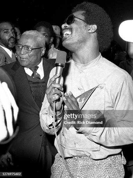 Martin Luther King Sr. And Stevie Wonder backstage during M.L.K Gala at The Atlanta Civic Center in Atlanta Georgia, January 13, 1982 (Photo by Rick...