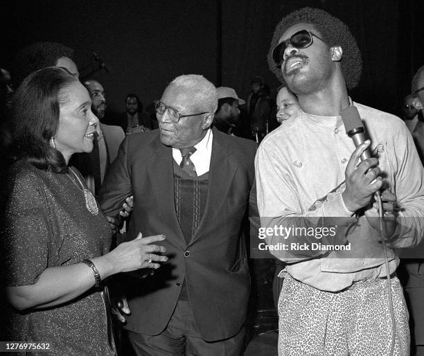 Coretta Scott King, Martin Luther King Sr. Known as Daddy King and and Stevie Wonder backstage during M.L.K Gala at The Atlanta Civic Center in...