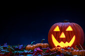 A smiling Jack O’ Lantern sitting in the grass with small pumpkins and fallen leaves at night for Halloween