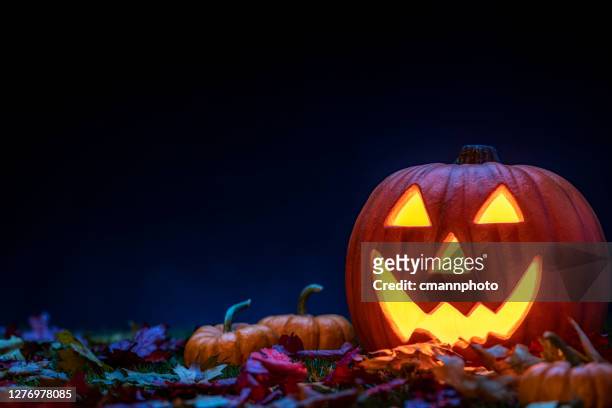 a smiling jack o’ lantern sitting in the grass with small pumpkins and fallen leaves at night for halloween - halloween stock pictures, royalty-free photos & images