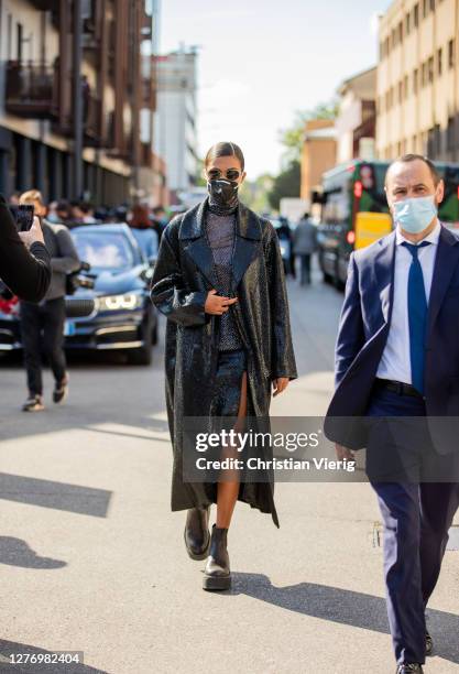 Tina Kunakey is seen outside Valentino during the Milan Women's Fashion Week on September 27, 2020 in Milan, Italy.