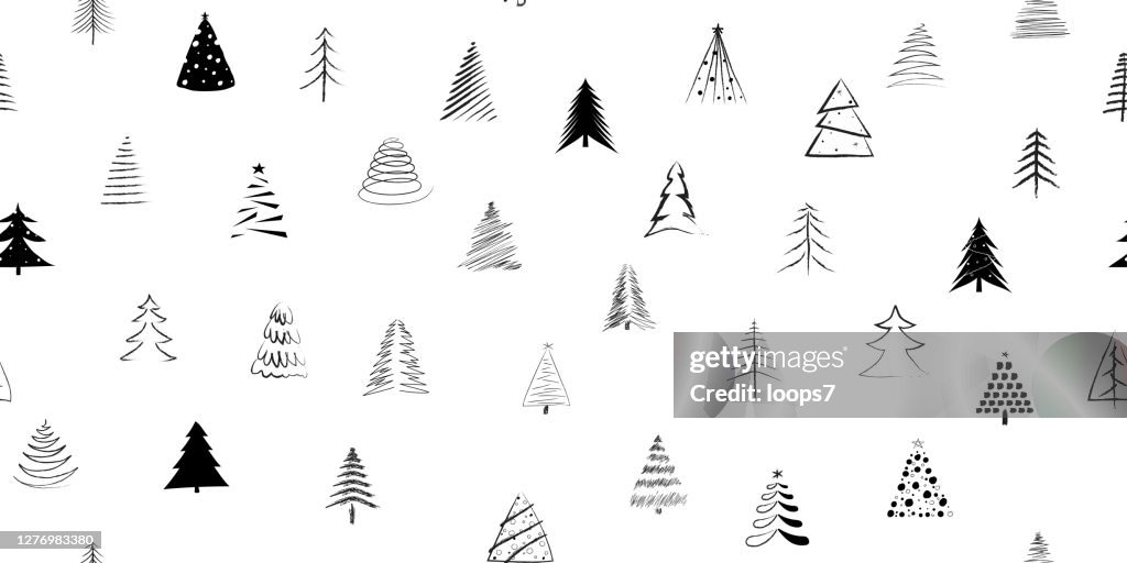 Hand Drawn Christmas Trees Vector Icon Seamless Pattern