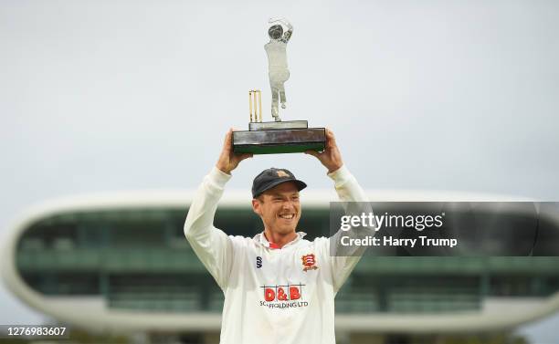 Tom Westley of Essex lifts the Bob Willis Trophy during Day Five of the Bob Willis Trophy Final match between Somerset and Essex at Lord's Cricket...