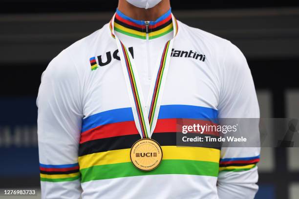 Podium / Julian Alaphilippe of France Gold medal World Champion Jersey / Celebration / Detail view / during the 93rd UCI Road World Championships...