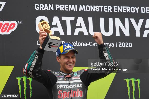 Fabio Quartararo of France and Petronas Yamaha SRT celebrates on the podium the MotoGP victory at the end of the MotoGP race during the MotoGP of...