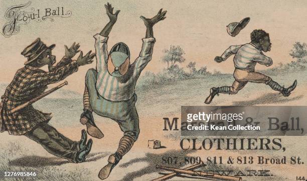 Victorian trade card for Marshall & Ball clothiers, with a colour lithograph depicting three people playing baseball, two with their arms raised in...