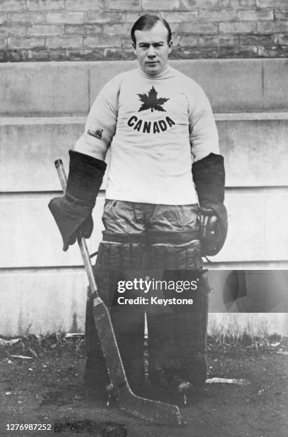 Canadian ice hockey player Dr Joseph Sullivan in his goaltender kit for the Canadian ice hockey team, which is represented by Toronto Varsity Grads...