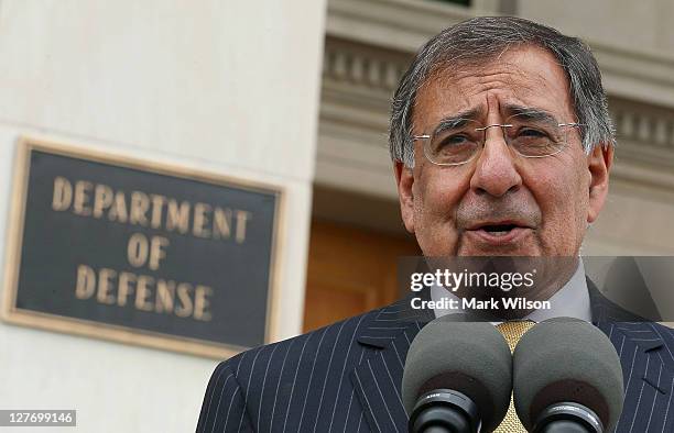 Secretary of Defense Leon E. Panetta speaks to the media after meeting with Canadian Minister of National Defence Peter MacKay at the Pentagon on...