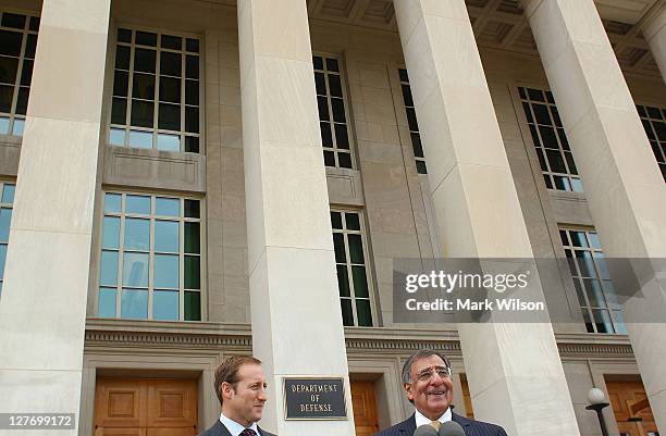 Secretary of Defense Leon E. Panetta and Canadian Minister of National Defence Peter MacKay speak to the media at the Pentagon on September 30, 2011...