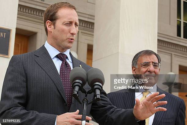 Canadian Minister of National Defence Peter MacKay and Secretary of Defense Leon E. Panetta speak to the media at the Pentagon on September 30, 2011...